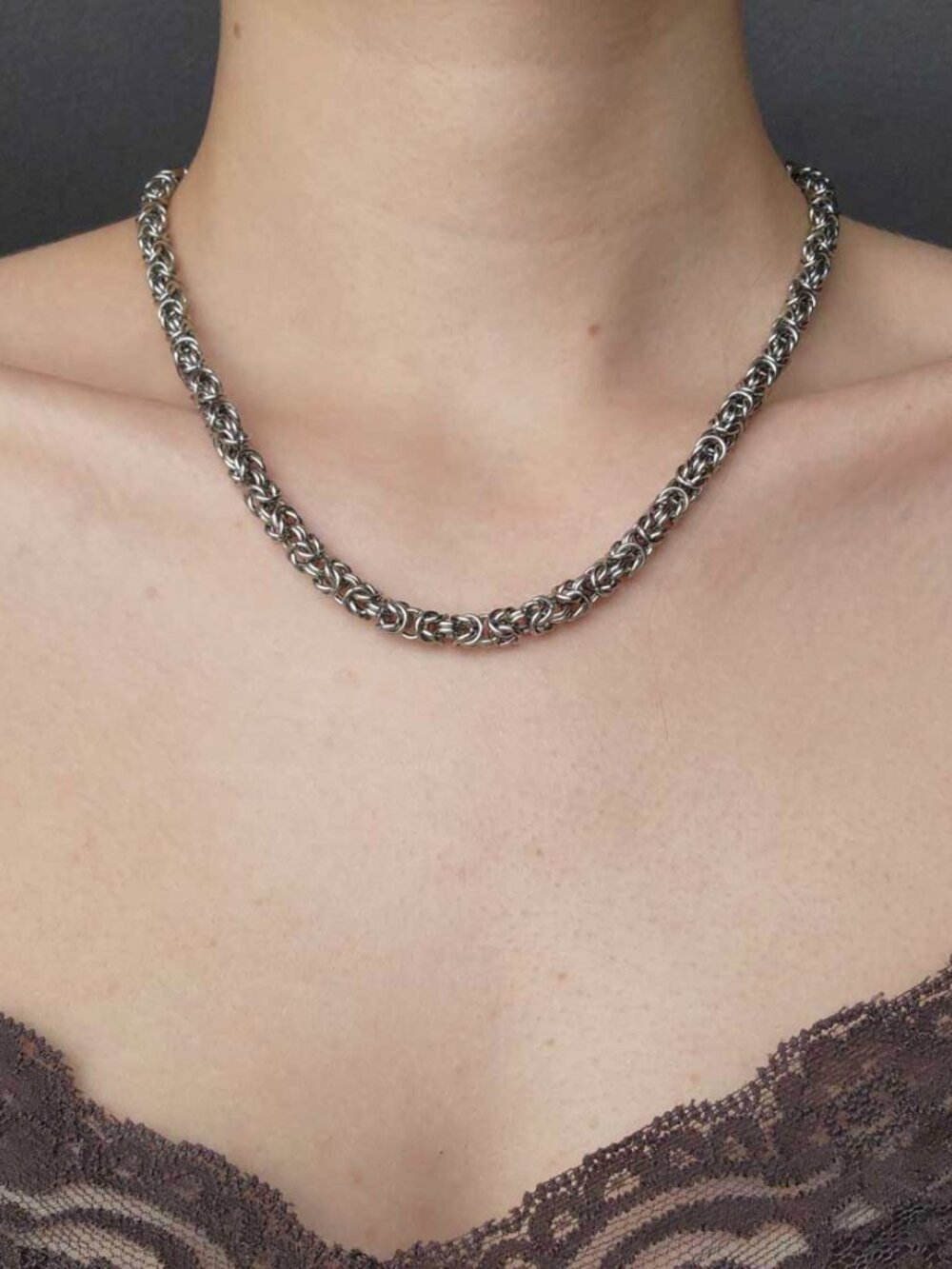 18 inch silver byzantine chainmail necklace
